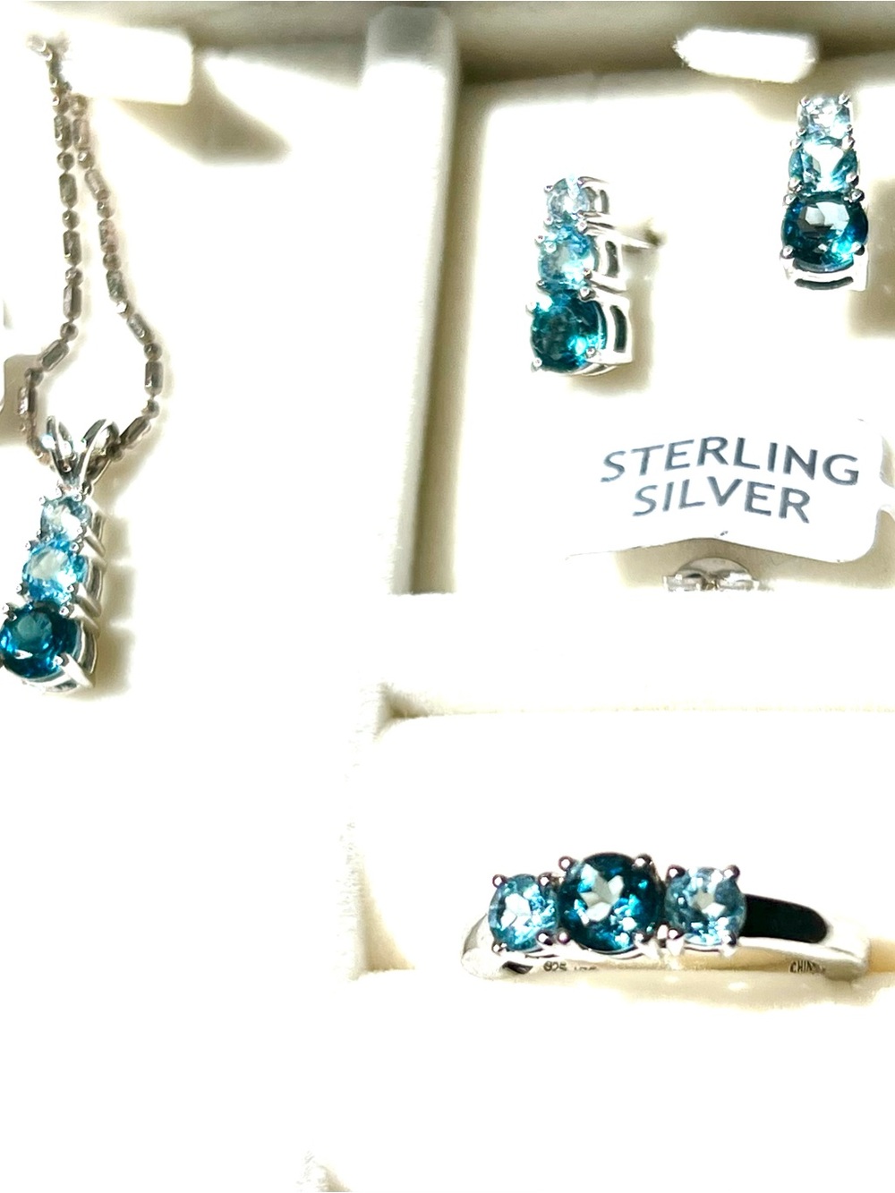 Triple Blue Natural Topaz Set; each piece has 3 stones: Necklace,Ring,Earrings.